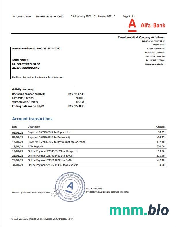 Białoruś Alfa wyciąg bankowy